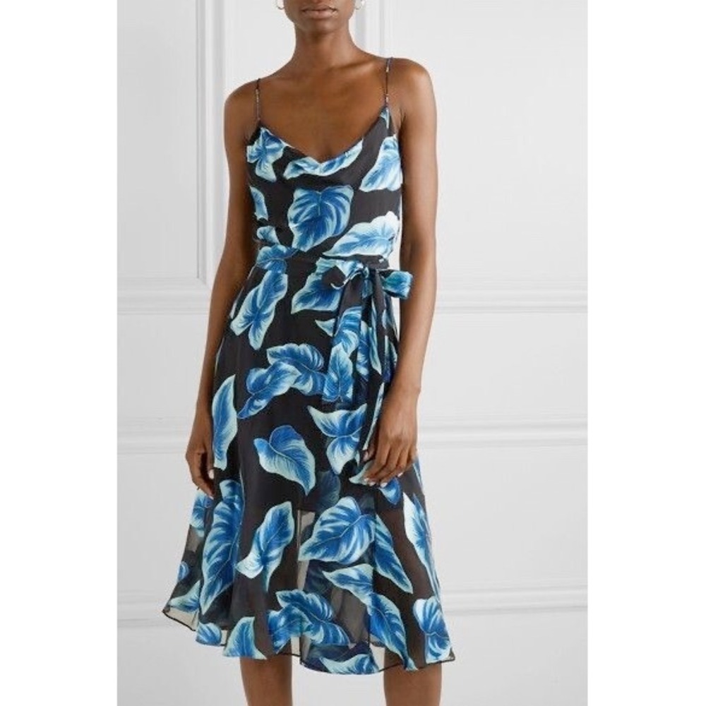 Alice + Olivia Silk Cowlneck Tropical Floral Midi Dress Paradise Leaves Blue 6